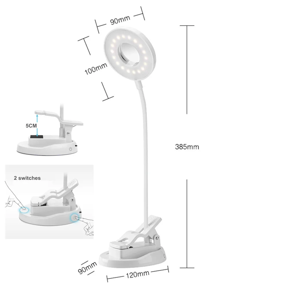  Table Lamp LED Foldable Table Clip Night Light Adjustable Brightness Makeup Light Round With Mirror