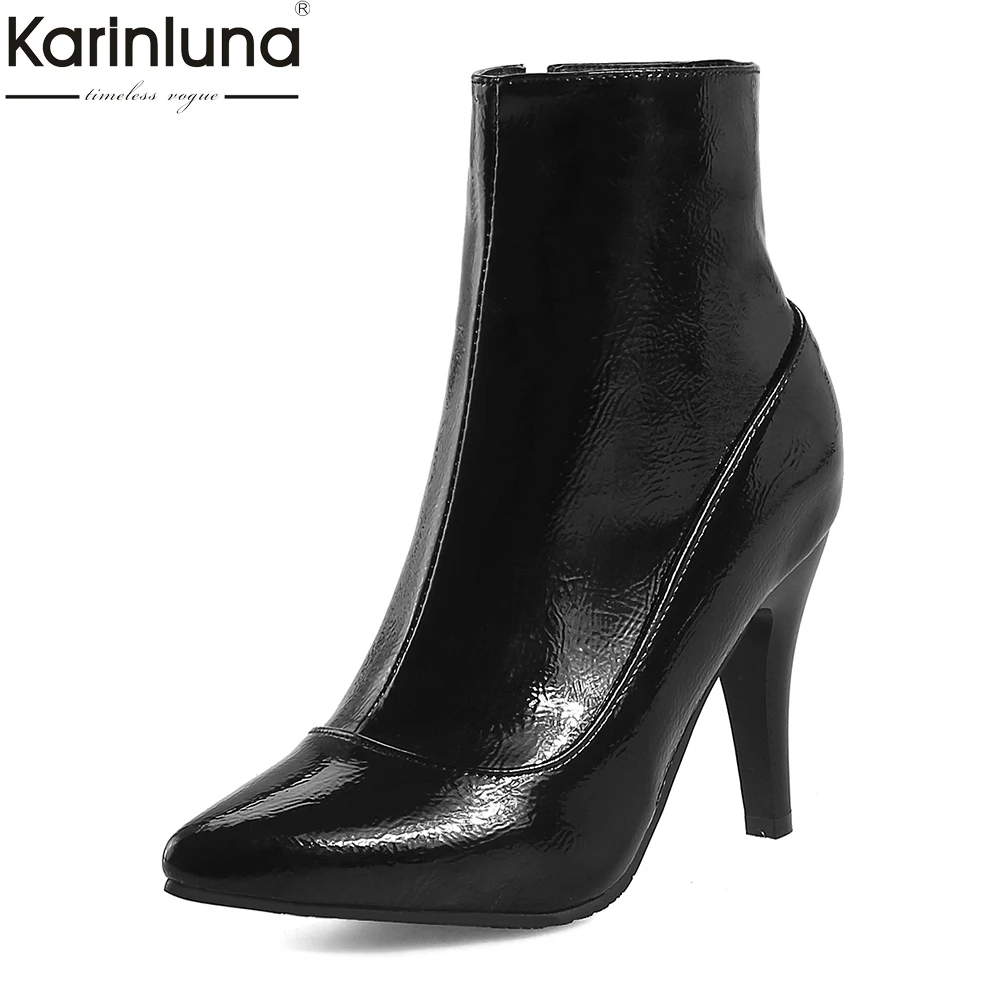 

KarinLuna Brand new Large Size 32-46 Pointed Toe Add Fur Winter Boots Woman Shoes Zip Up High Heels Shoes Woman Ankle Boots