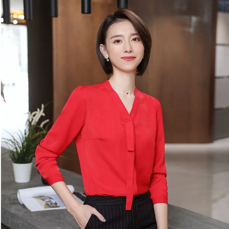 2019 Spring Summer Formal Blouses and Shirts Long Sleeve Elegant Red Blouse Ladies OL Styles Female Tops Clothes Shirt