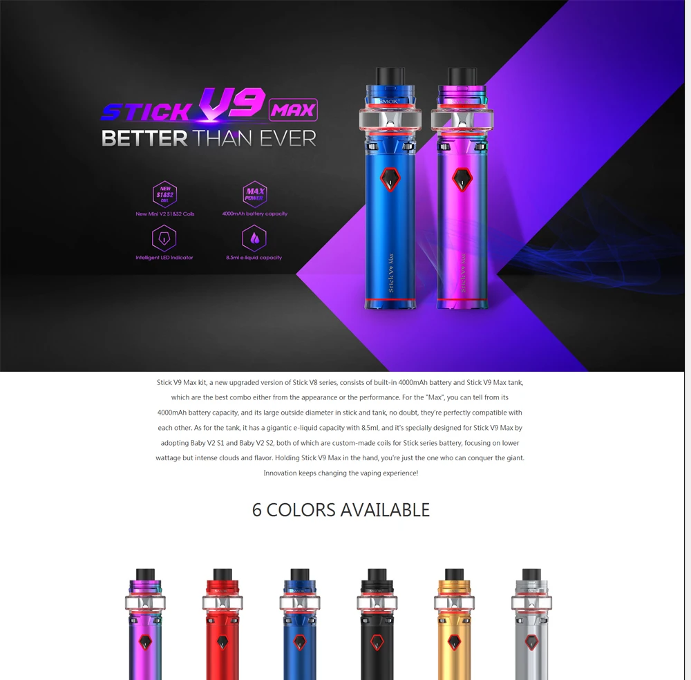 Electronic Cigarettes Smok Stick V9 Max 8.5ml Staret Kit 4000mah Battery Stick V9 Max tank with Baby V2 S1V2 S2 VS Stick Prince (1)