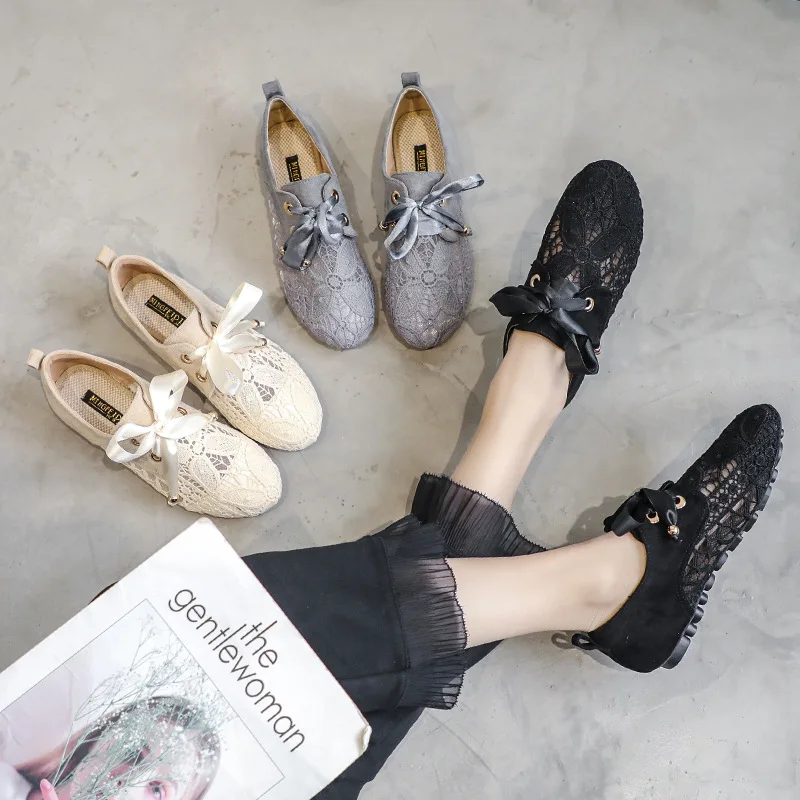 

2019 summer new style simple and simple color lace breathable flat shoes women soft and comfortable wild casual shoes