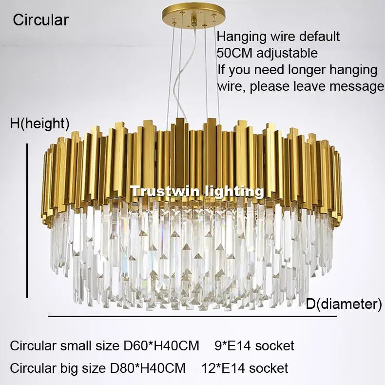 Circular D60xH40CM Современный светодиодный подвесной светильник со стеклянной трубкой, Круглый круглый потолочный Золотой подвесной светильник, Хрустальный светодиодный подвесной светильник - Цвет корпуса: Circular D60xH40CM