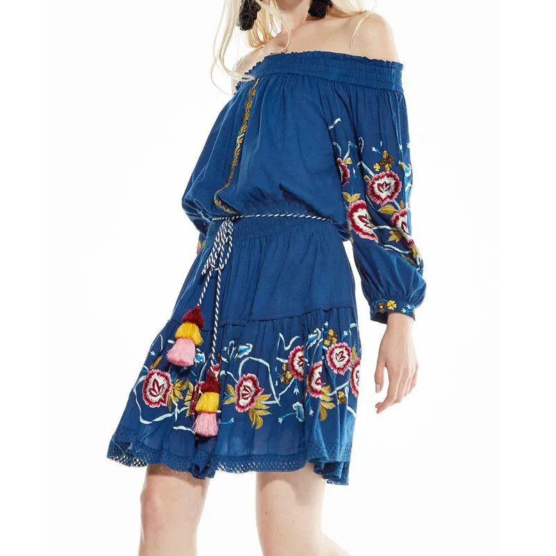 Off Shoulder Summer Beach Dress Floral Embroidery Elastic Waist Rope Tassel Ties Ukraine