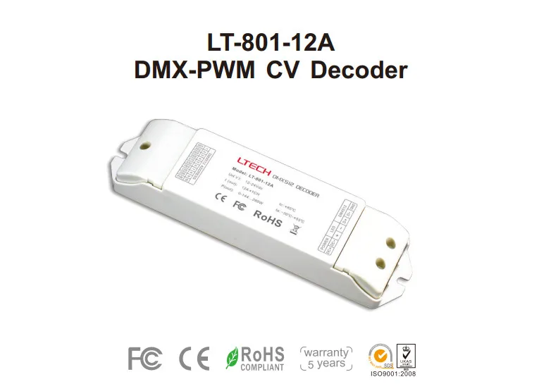 LT-801-12A светодиодный контроллер фирмы ltech Диммируемый драйвер 1CH DMX-PWM декодер DC12-24V вход; 12A* 1CH выход 1 канал одноцветная полоса декодер