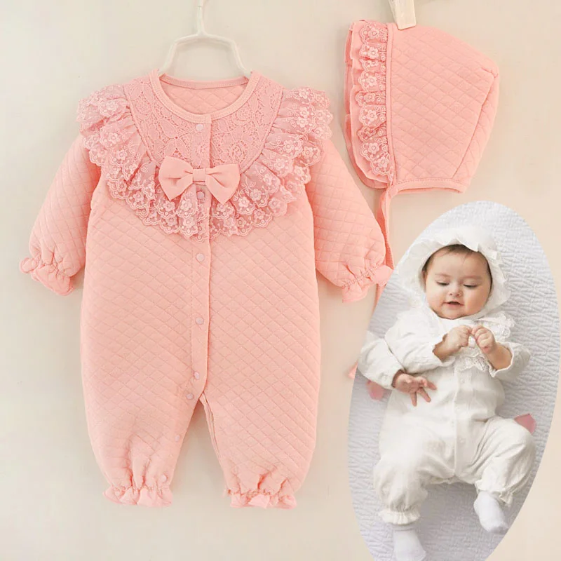 Осенне-зимний хлопковый кружевной комбинезон для маленьких девочек, комбинезон Rompe с кепкой, белый, розовый детский спальный мешок, Одежда для новорожденных, 3 м, 6 м, 9 м