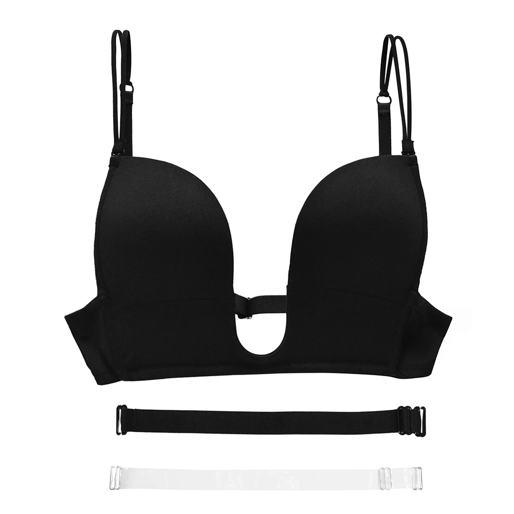 1pc Black Glossy Push-Up Bra With Thick Padding, Steel Wire, Transparent  Straps And Backless Design