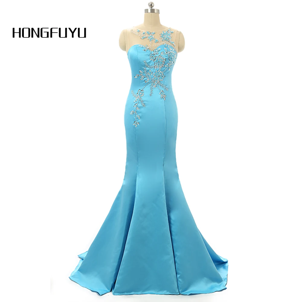 

Fashion Satin Mermaid Scoop Neck Long Prom Dresses 2019 Sleeveless Sequined Beading Open Back Floor Length Party Prom Dress