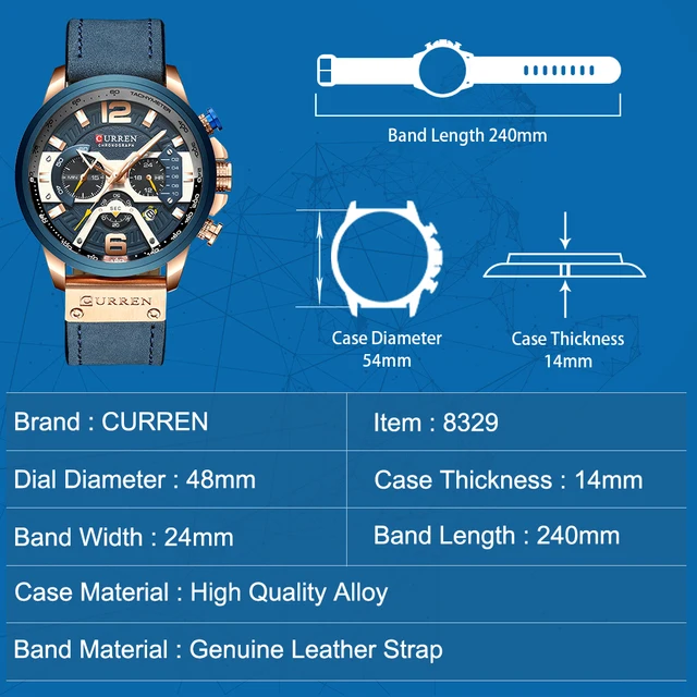CURREN Casual Sport Uhren für Männer Blau Top Marke Luxus Military Leder Armbanduhr Mann Uhr Mode Chronograph Armbanduhr 2