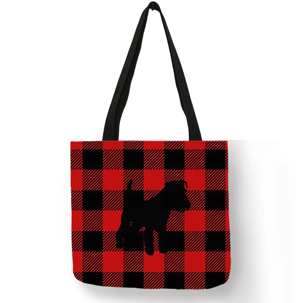 

Schnauzer Dog Silhouette Printing Handbag Classic Black Red Plaid Pattern Tote Bags Reusable Shopping Diaper Bags