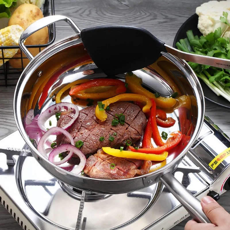 

24cm Chinese Stainless Steel Frying Pan Woks Kitchen Cooking Pot Cookware For Induction Cookers Restaurant Fry Pot