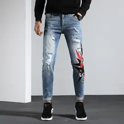 Новый рваные джинсы для мужские с принтом обтягивающие мужские джинсы стрейч узкие брюки одежда хип хоп Уличная зима осень светло голубой