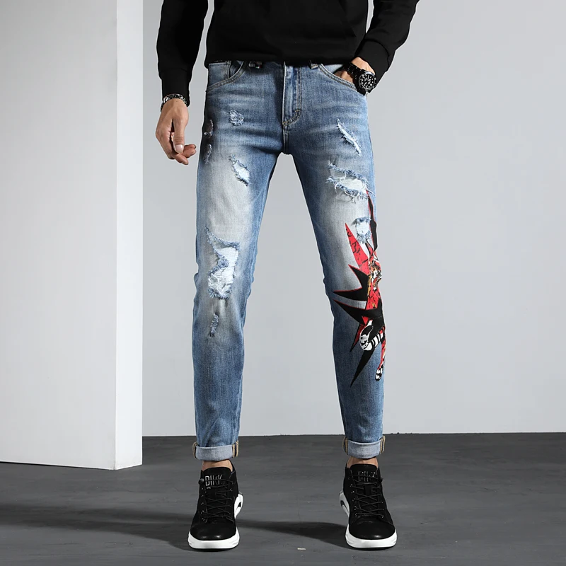 

New Torn ripped jeans for men printing skinny jeans men stretch slim pants clothes hip hop streetwear Winter Autumn light blue