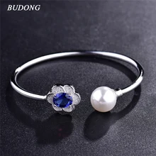 BUDONG Infinity Lady Imitation Pearl Flower Bangle Silver color Bracelet Oval Stone Blue CZ Zircon Crystal Wedding Jewelry Z047