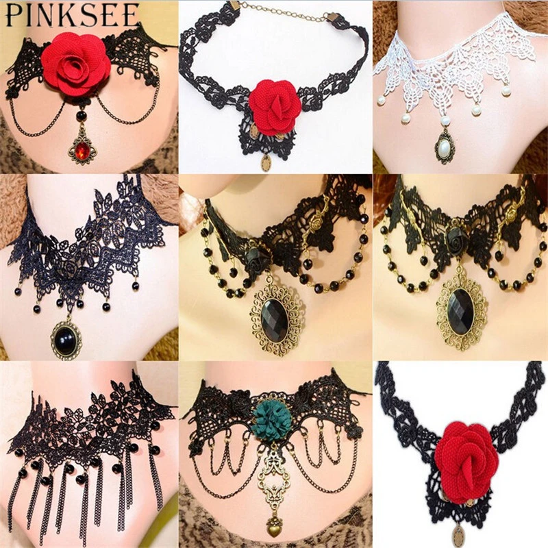 Retro Gothic Black Flower Lace Beaded Pendant Choker Necklace Women Jewelry Gift Retro Gothic Black Flower Lace Beaded Pendant Choker Necklace Women Jewelry Gift