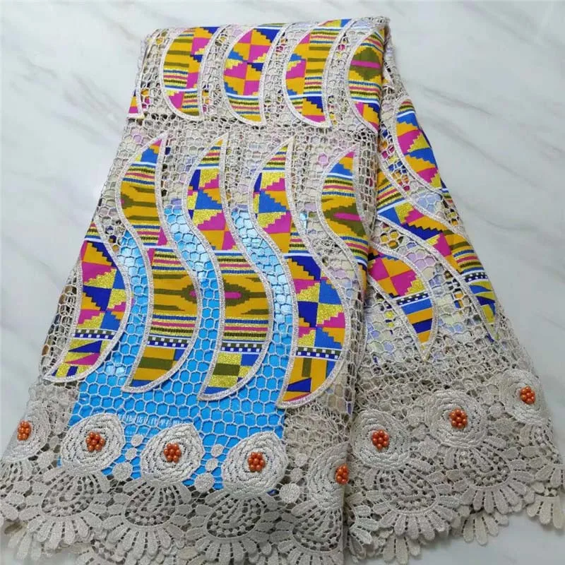 

Embroidery Ankara African Wax Print Fabric Cotton With Water Soluable Lace Material Beaded Ghana kente Wax Guipure Lace Fabric
