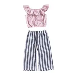 Милая летняя повседневная одежда в полоску для маленьких девочек; комплект из 2 предметов; топ с оборками + штаны