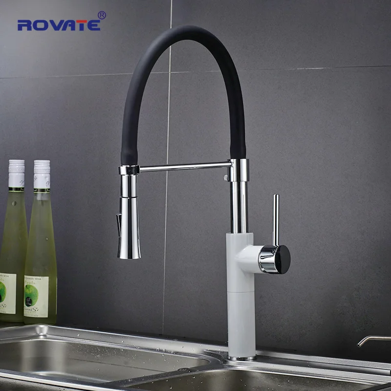 ROVATE Kitchen Faucets White Deck Mounted Single Hole Pull Down Sink Tap Cold & Hot Water Mixer Chrome Finnished