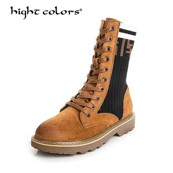 

Size 35-40 2019 New Women's Mid Calf Rain Boots Soft Autumn Lace Up Leather Martin Shoes Woman Ladies Platform Heels Pigskin 987