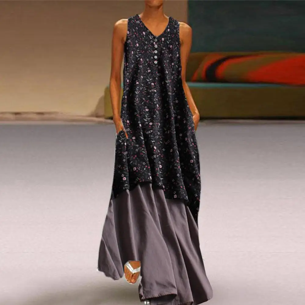 

2019 Bohemian Plus Size Women long dress summer Floral Printed V Neck Cotton Linen Sleeveless Maxi Dresses