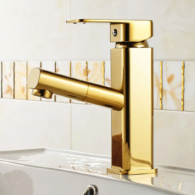 Gold Color Brass Pull Out Bathroom Faucet Sink Basin Mixer Tap Cold Hot