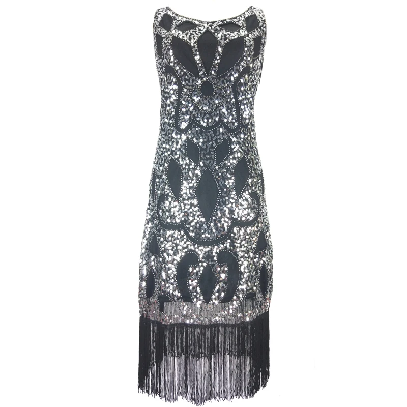 

Women's 1920s Art Deco Sequin Beaded Tank Flapper Dress Geometric Tassel Hem Gatsby Dress Midi Length Vestido Party Costume