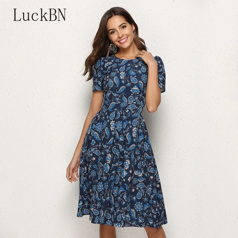 

Brand Summer Women Vintage Dress Elegant Party O-neck A Line Slim Midi Dress Fashion Sleeveless Floral Print Dresses Vestidos