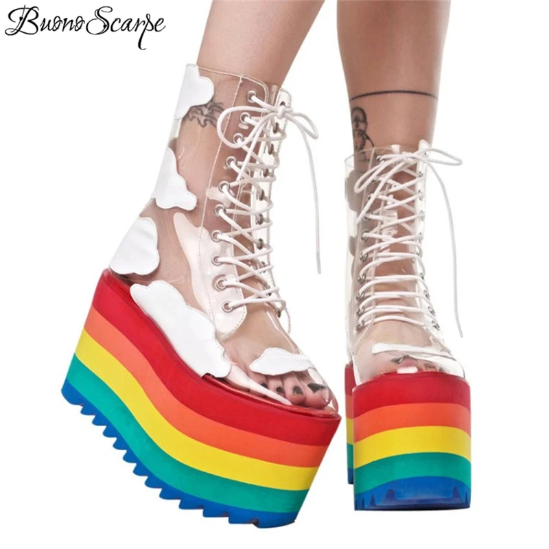 

Buono Scarpe 2019 New Rainbow Thick Bottom Fashion Transparent PVC Leather Laces Cool Boots Nightclub Cake Bottom Female Boots