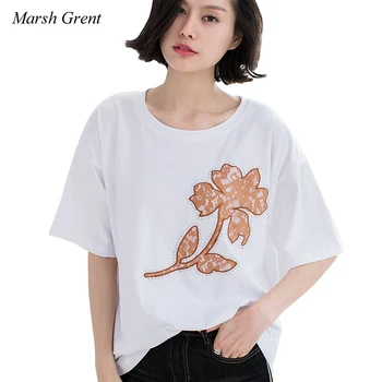 

Summer New women clothes 2019 Cotton t-short women loose Tops&tees Diamonds Lace Embroidery women shirts korean clothes t shirt