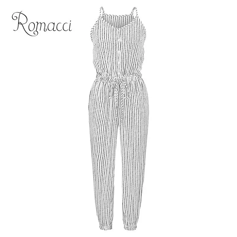 

Romacci Women Plus Size Jumpsuit Striped Buttons Spaghetti Strap Sleeveless Overalls Elastic Drawstring High Waist Casual Romper