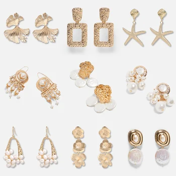 

FASHIONSNOOPS Vintage za Pearl Dangle Drop Earring For Women Jewelry Oorbellen Handmade Gold Metal Earrings Bijoux