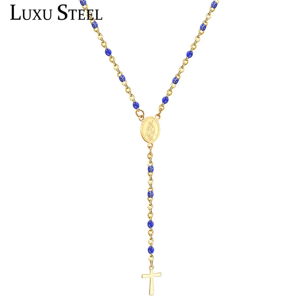 LUXUSTEEL Length 40cm+6cm Choker Necklace Religious Jewelry White/Black/Blue Color Rosary Beads Cross Pendant Necklace Female