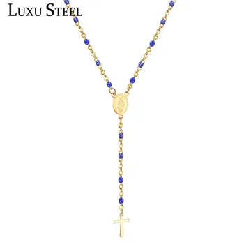 LUXUSTEEL Length 40cm+6cm Choker Necklace Religious Jewelry White/Black/Blue Color Rosary Beads Cross Pendant Necklace Female