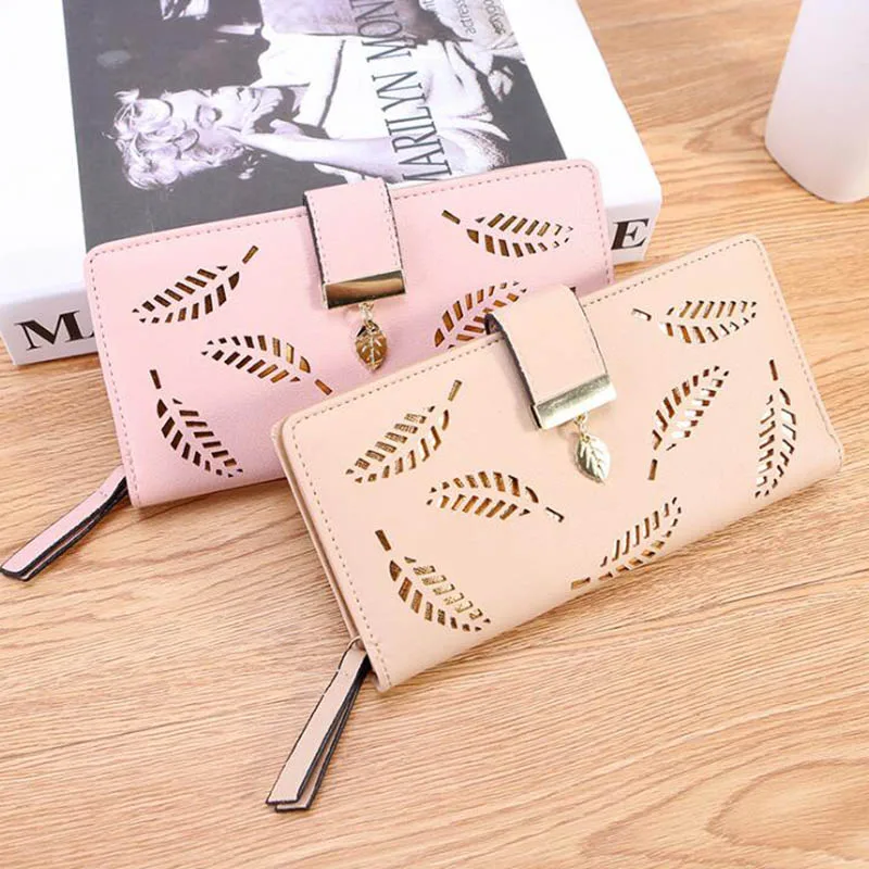 

Women Wallet PU Leather Purse Female Long Wallet Gold Hollow Leaves Pouch Handbag For Women Coin Purse Card Holders Clutch