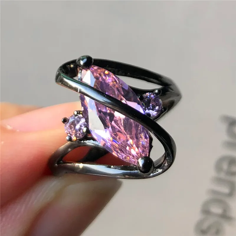 

Fashion Female Black Gold Filled Ring Simple Big Oval Pink Zircon Cross Ring Unique Style Engagement Promise Rings For Women