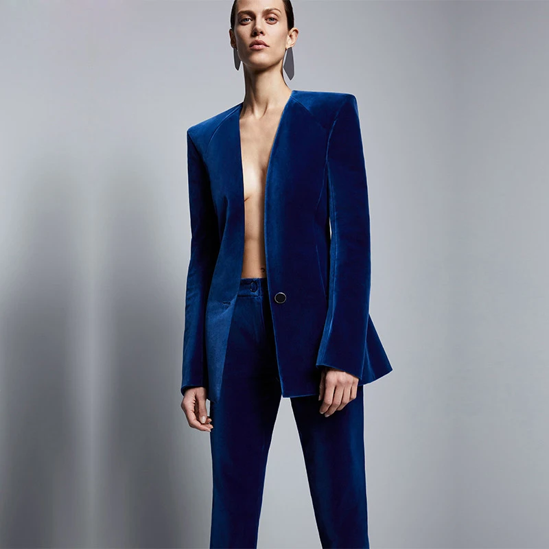 Королевский синий бархатный пиджак+ брюки, формальный элегантный брючный костюм, женские деловые костюмы, облегающие Женские офисные униформы, комплект из 2 предметов на заказ