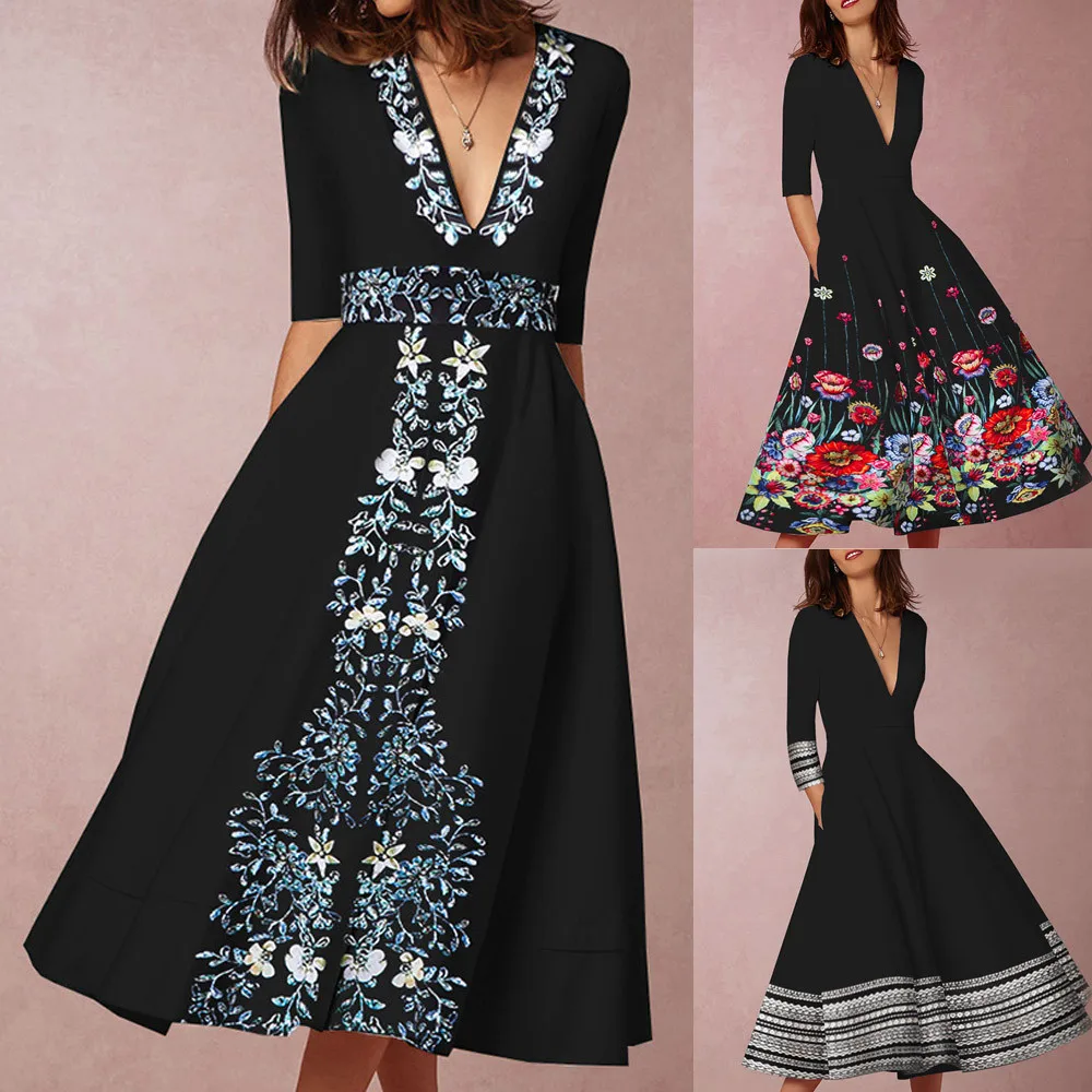 

Summer Dress 2019 Women's Vintage Long Ball Gown Prom Print Ladies Evening Party Swing Dress ropa mujer vestidos de festa