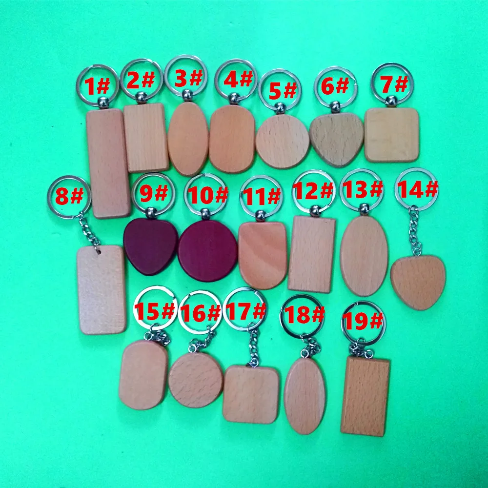 

10 Pcs Wooden Keychains DIY Blank Keyring Round/Square/Rectangle/oval/Heart/Shield keychain Anti Lost Wood Customized Gifts