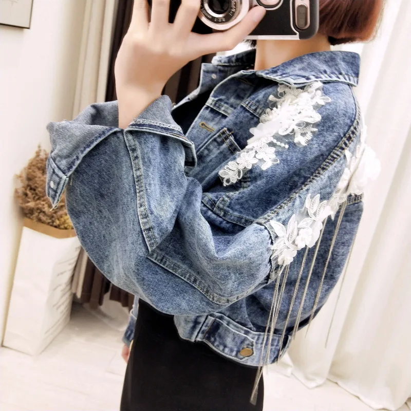 New Floral Embroid Denim Coats Women Tops Autumn Tassels Loose Denim Jean Jackets Ladies Basic Clothes Crop Top Femme Jackets