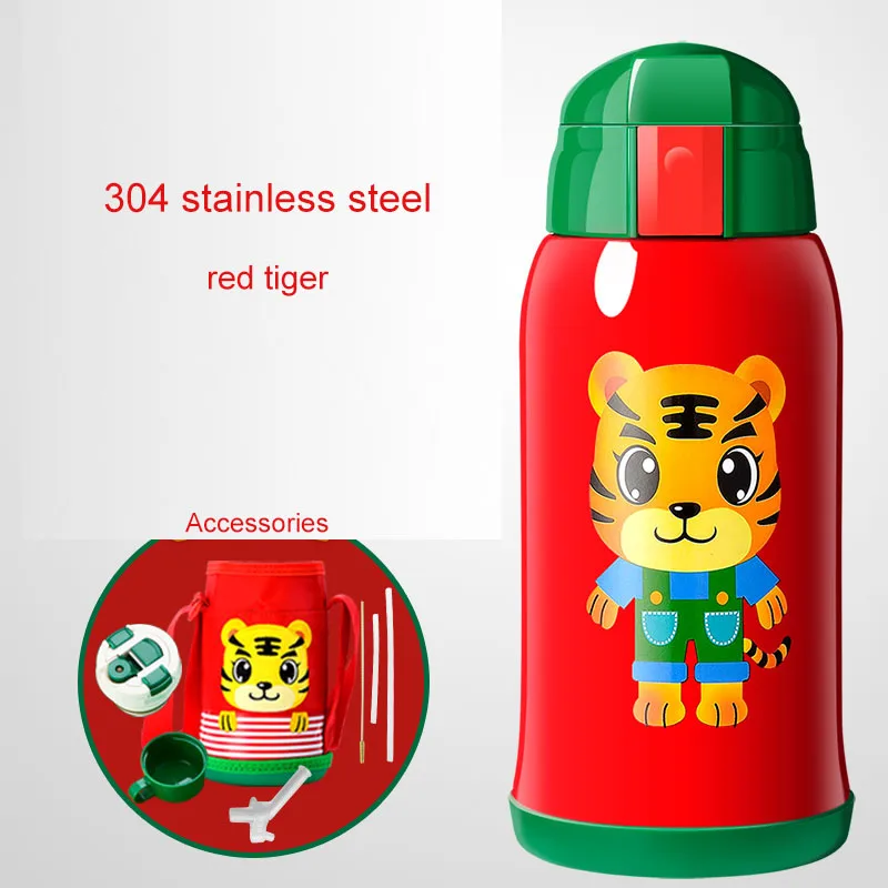 600 мл Термос, детская чашка, Мультяшные животные, двойные стенки, нержавеющая сталь, термосы, подарок для детей, школьная, уличная бутылка для воды - Цвет: Red tiger 304 SUS