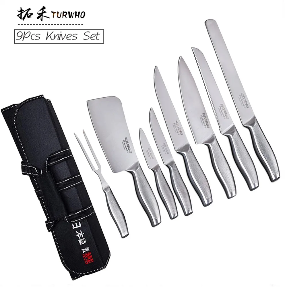 Stainless Steel 9pcs Kitchen Knife Set High Carbon Steel Blade Non-slip Handle Quality Chef Bread Utility Knife Cooking Tools