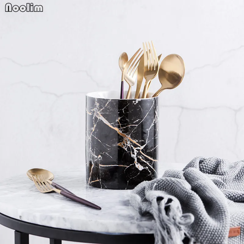 

NOOLIM Luxury Black Gold Marble Nordic Ceramic Storage Tank Chopsticks Knife and Fork Storage Bottle Desktop Decorative Ornament