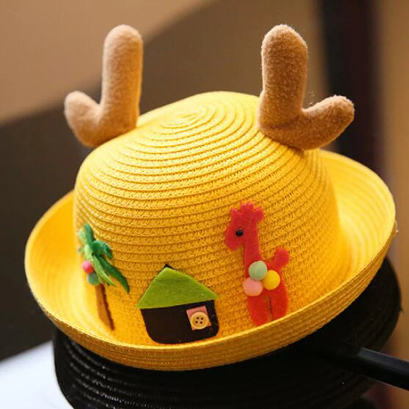 Kids Summer Straw Hat Cute Cartoon Pattern Antler Sunshade Solid Color Beach Hats Sun Protection Short Brim Children Travel Cap5