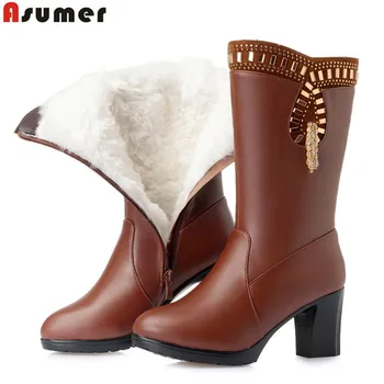 

ASUMER Plus size 35-43 pu+cow leather boots women thick high heels mid calf boots keep warm wool winter snow boots women shoes