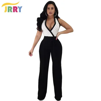 

JRRY Casual Striped Sashes Women Jumpsuits Sleeveless Deep V Neck Wide Leg Jumpsuit for Ladies Girls