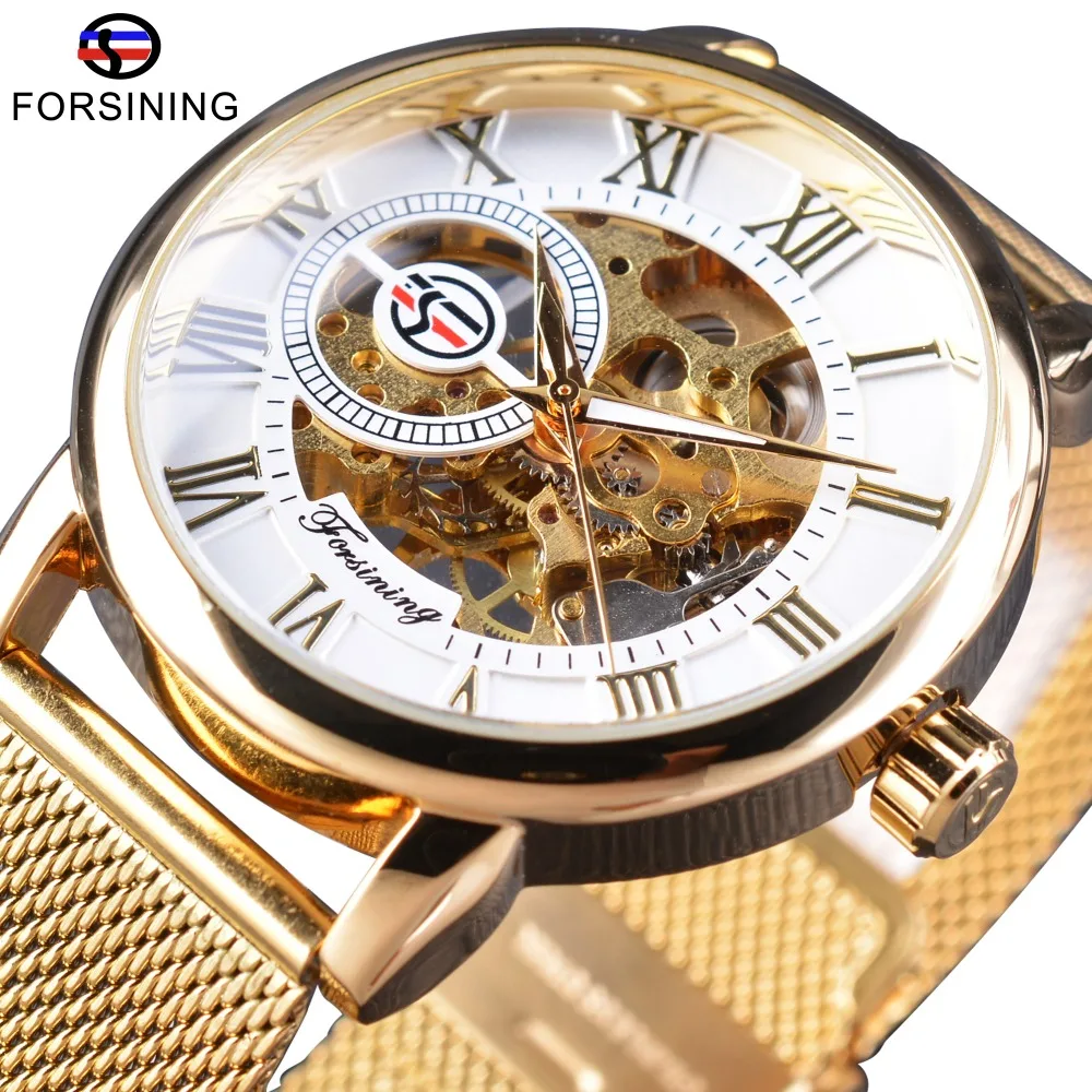 Forsining Men's Mechanical Watches Golden Stainless Steel Band Transparent Back Cover Classic Fashion Skeleton Wristwatches louis vuitton virgil abloh classic balloon cover книга