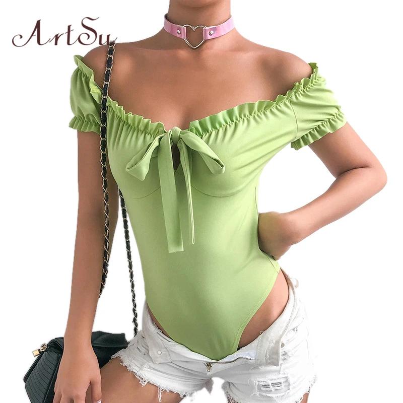 ArtSu Women Sexy Bodysuit Casual Streetwear Off Shoulder Bow Short Sleeve Bodycon Female Body Romper New Jumpsuit ASJU41165 ArtSu Women Sexy Bodysuit Casual Streetwear Off Shoulder Bow Short Sleeve Bodycon Female Body Romper New Jumpsuit ASJU41165