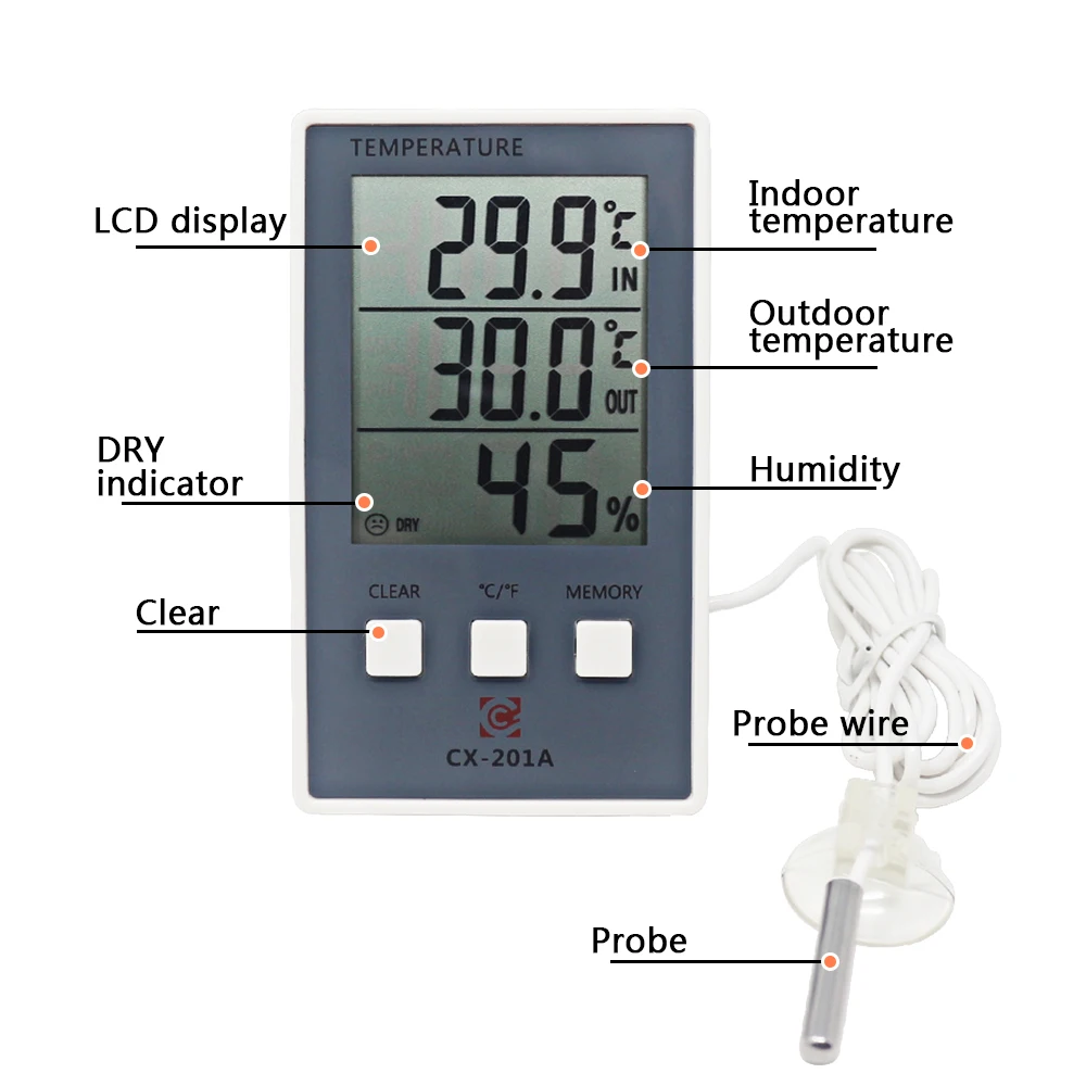 Digital Thermometer Hygrometer Indoor Outdoor Temperature Humidity Meter C/F LCD Display Sensor Probe Weather Station