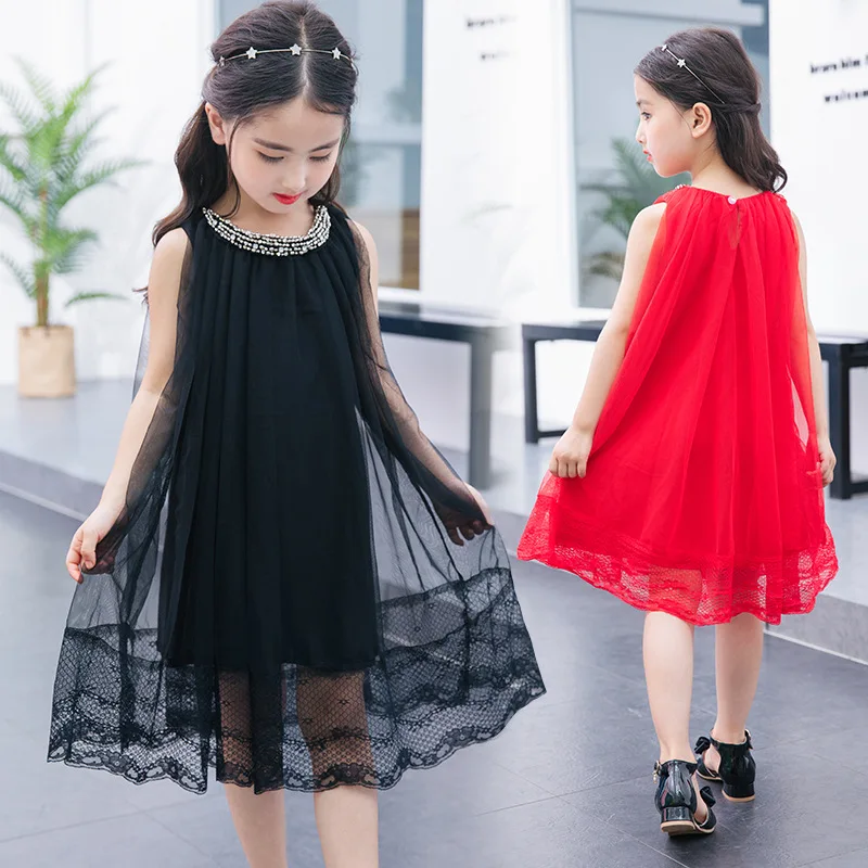 

Fashion Kids Summer Casual Dress for Big Girls 6 8 10 12 14 Years Pearl Black Mesh Party Dresses Children Beach Costume 57C1A