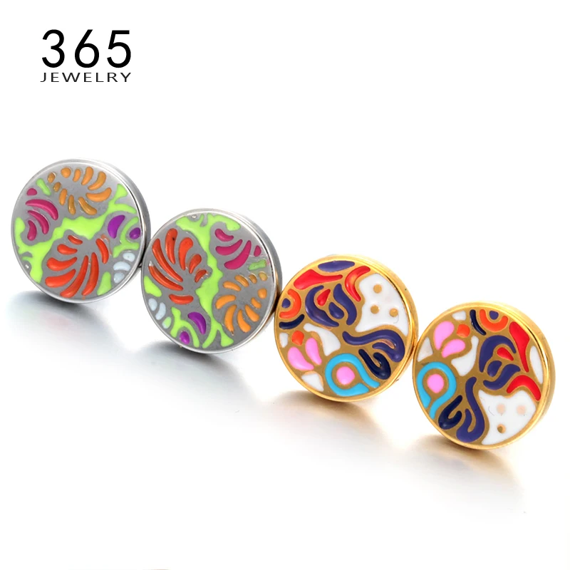 

Ladies Ear Jewelry Titanium Gold Color Stainless Steel Enamel Earrings Full Colorful Pattern Lines Punk Stud Earrings for Women