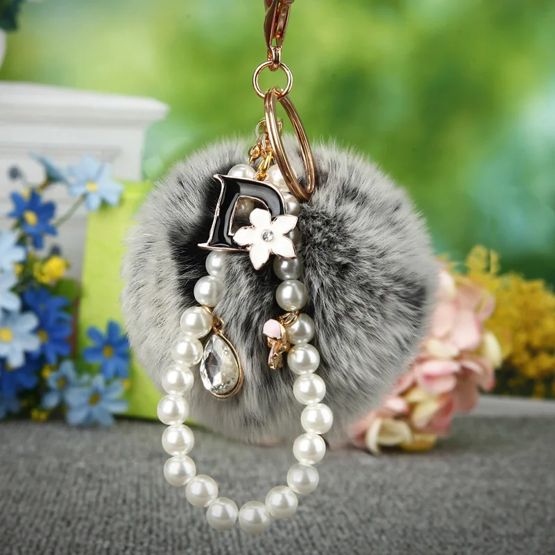 

Fashion Fluffy 8cm Rabbit Fur Pom Pom Keychain Rhinestone D Pearl Pompon Llavero Keyring Bag Car Charm Key Pendant Porte Clef